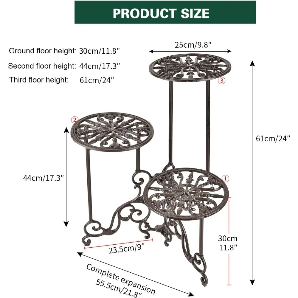 ترقية جديدة - حامل نباتات من الحديد الزهر شديد التحمل، رف نباتات معدني قابل للطي من 3 طبقات، حامل وعاء زهور عتيق بطول 24 بوصة - جودة عالية #4