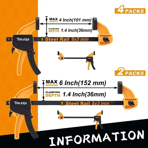 Imagen 2 del producto TOLESA Abrazaderas de barra para carpintería, 6 uds., 4 ""(4) y 6"" (2), abrazadera de una mano/pregador, juego de abrazaderas de madera, abrazadera F de cambio rápido y resistente a la luz