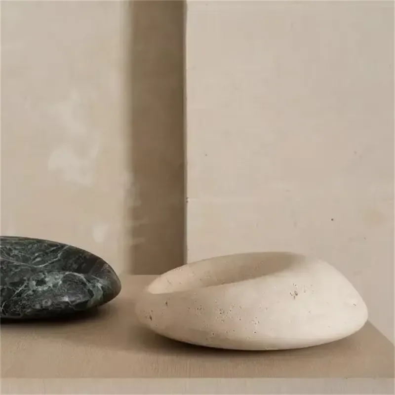 Large Hand Carved Beige Travertine Organic Shape Stone Plant Table Vase and Candlestick Cushion
