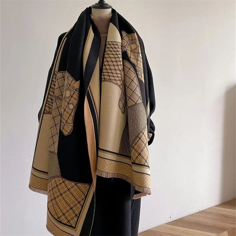 Fashion Horse Print Winter Poncho Shawl Animal Cashmere Scarf Women Pashmina Wraps Thick Warm Female Blanket Foulard Stole