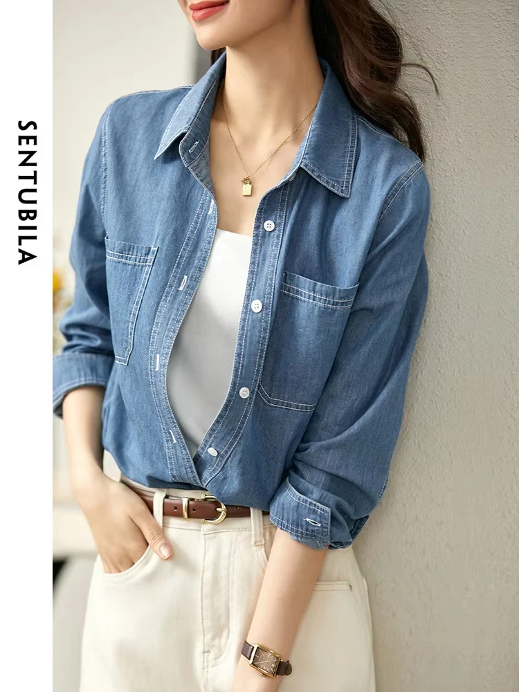 

SENTUBILA 2024 Women Lightweight Turn-down Collar Denim Shirts Long Sleeve Tops Fashion Vinatge Loose Female Blouses W23C42725