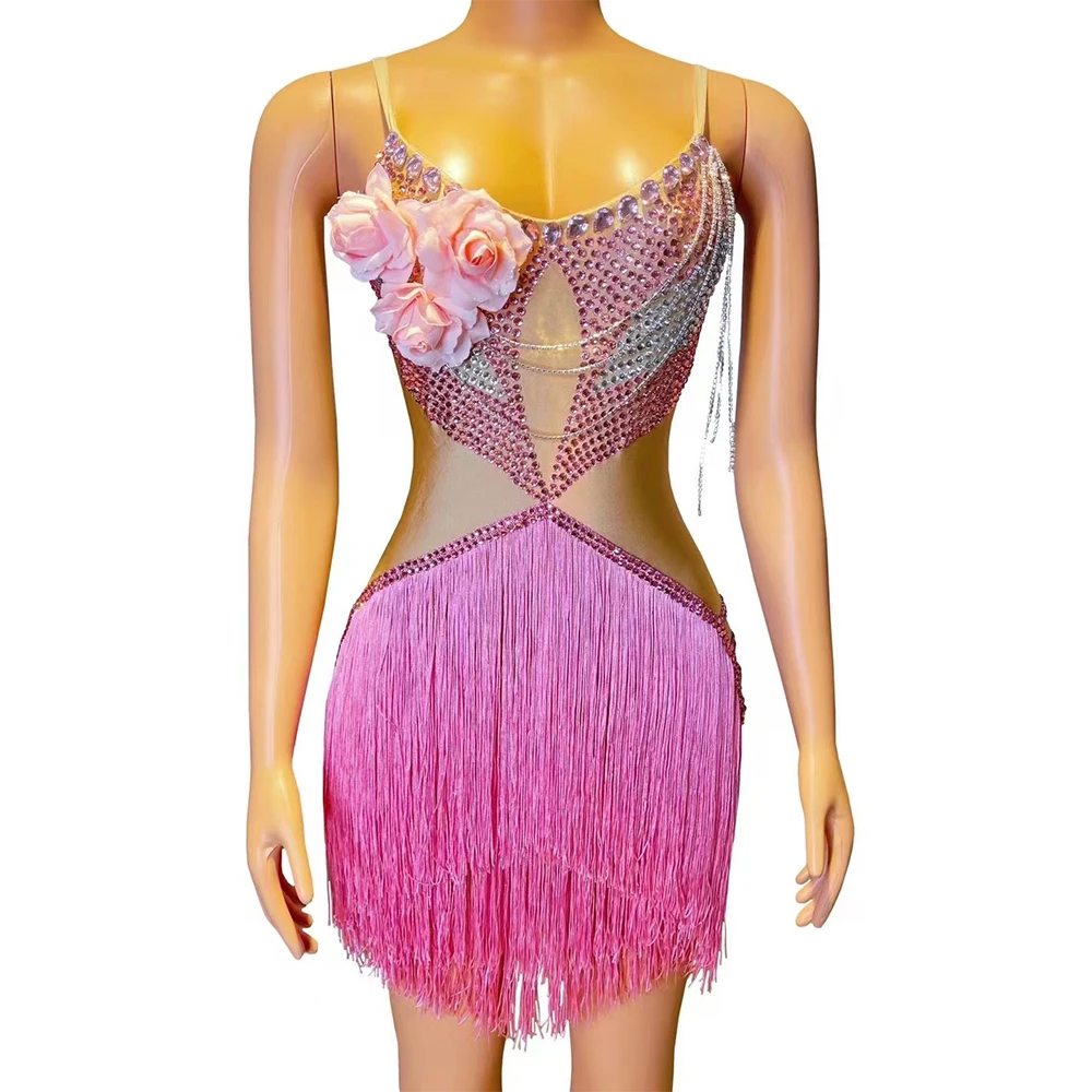 

Sexy Chain Rhinestone Fringe Stretchy Bodysuits Women Flower Sleeveless Birthday Club Party Glitter Drag Queen Photoshoot Gowns