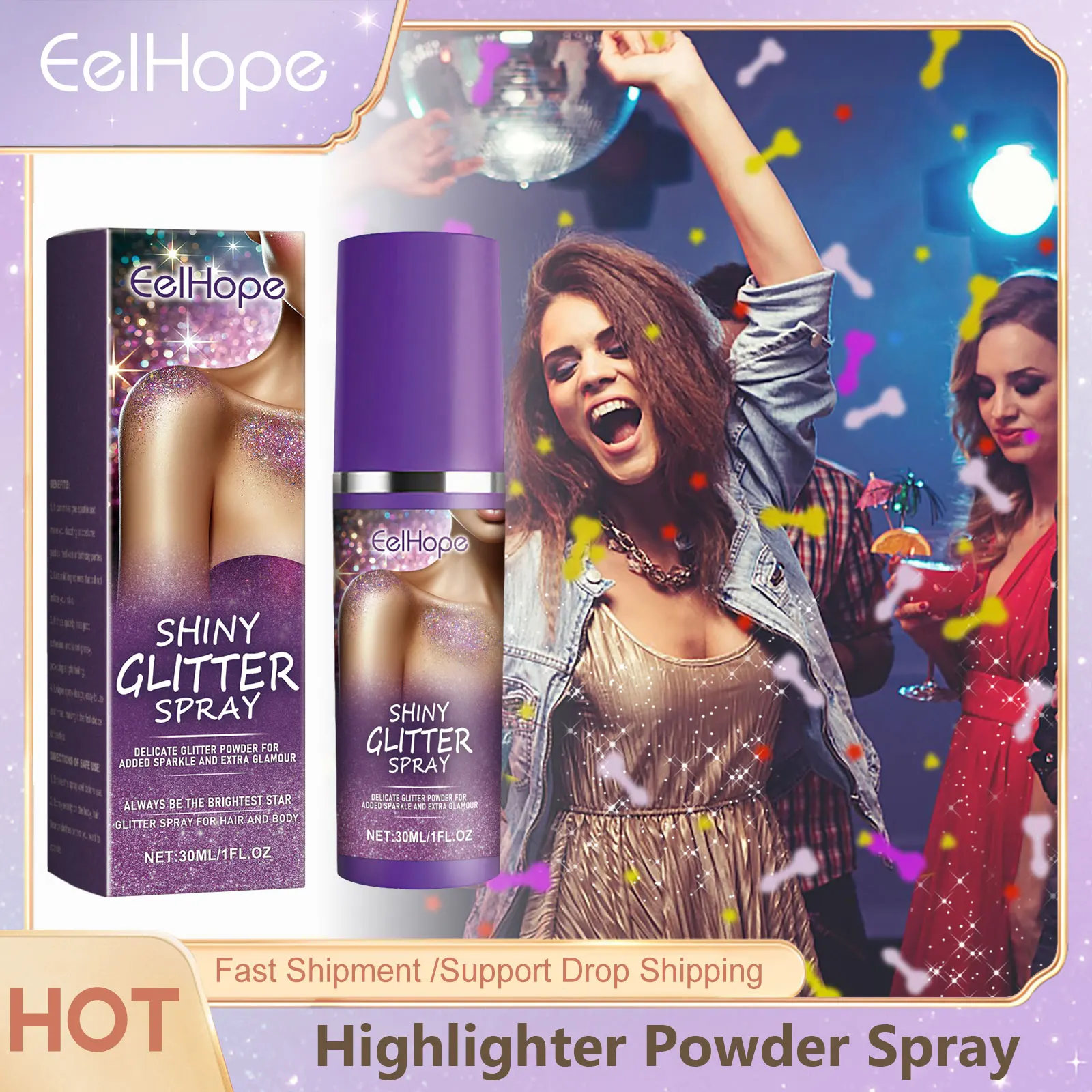 Highlighter Powder Spray Longwear High Gloss Glitter Body Bronzer Makeup Shimmer Glitter Shiny Hair Sparkling Diamond for Party