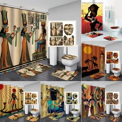 Ancient Egyptian Women Shower Curtain Set Polyester Fabric Bathroom  Bathtub Decor Retro Design Carpet Cover Toilet Mat