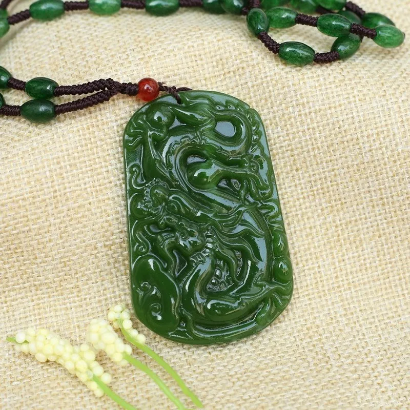 

Xinjiang Hetian Jade Jade Dragon Pendant Spinach Green Men's and Women's Dragon World Sweater Chain Pendant Jewelry