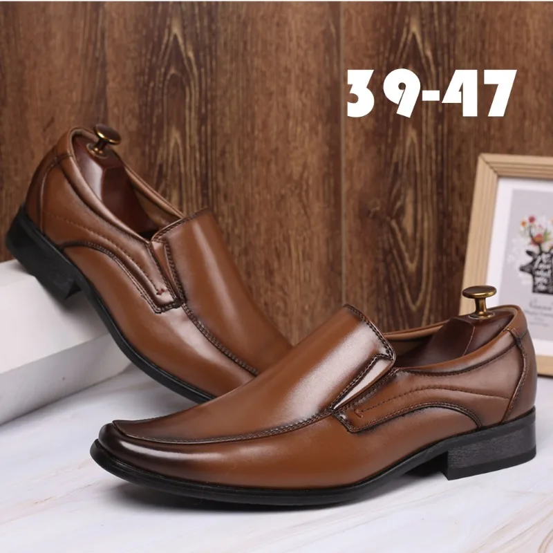 Spring Men's Casual Shoes Leather New Fashionable Brush Color Leather Shoes with Small Square Head WEDDING Party PU Men Shoes