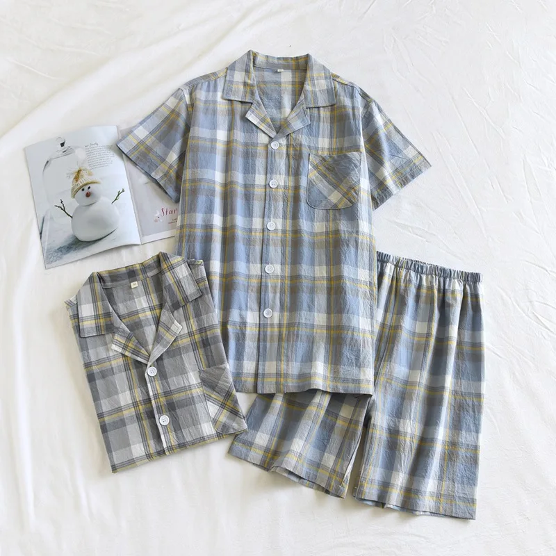 

Summer Cotton Short-sleeved Top Shorts Men Pajamas Thin Plaid Pajama Set Lapel Button Home Service Suit Elastic Waist Lounge Set