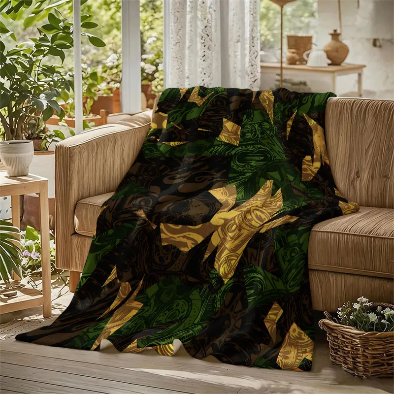 Skull Camo Military Green Flannel Blanket Perfect for Sofa Office Bed Travel Sleep Read Relax Camping Four Season Use