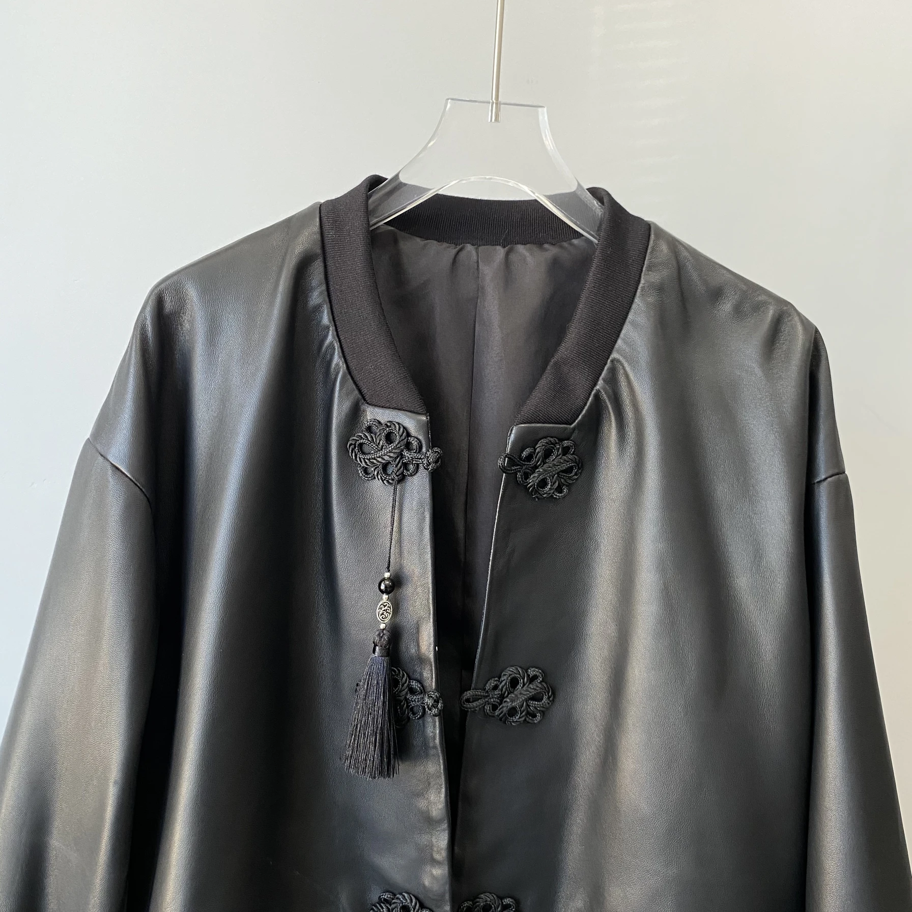 Vintage abotonado ort cuero genuino Jaet mujer Faionable Casual suelto cuello alto eepskin abrigo largo Sve