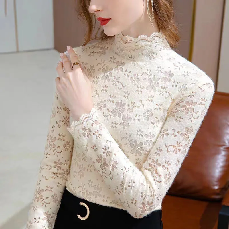 2023 Autumn Winter Women Clothes Sexy Flower Hollow Lace Half High Collar Elegant T Shirt Solid Long Sleeve Slim Warm Basic Tops