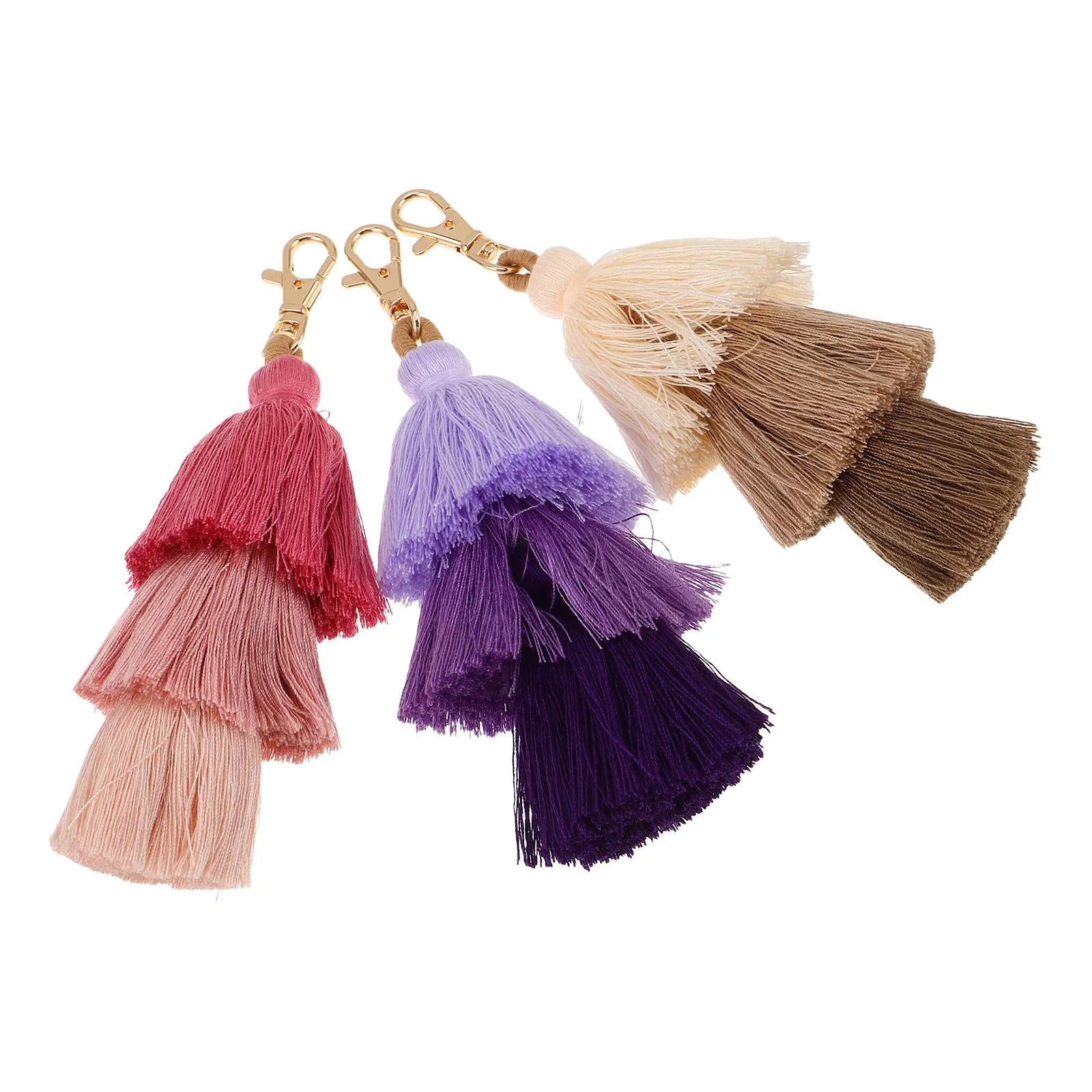 3Pcs Handmade Boho Bohemian Tassel Keychain Cotton Layered Pendant Bag Charm for Backpacks Purse Decoration Accessories