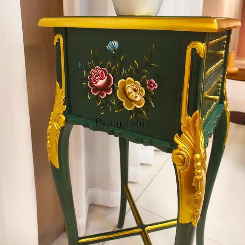 yj19 Rak Bunga Kayu Solid Gaya Prancis dengan Ukiran, Rak Pot Bunga Lantai