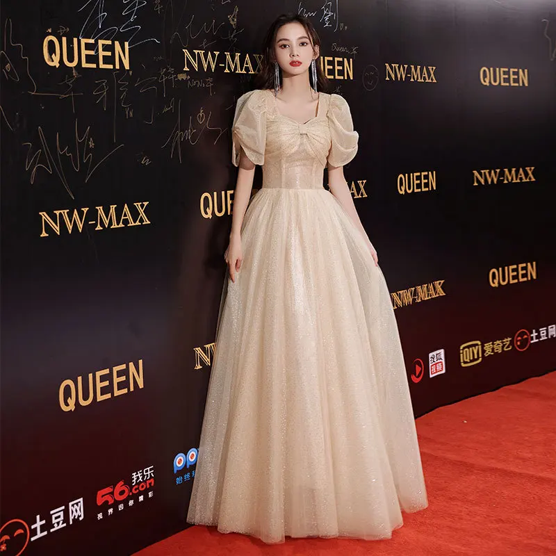 

Elegant Square Collar Puff Sleeve Champagne Chiffon Evening Dress Back Bandage Prom Gowns Cheongsam Robe De Soiree Vestidos