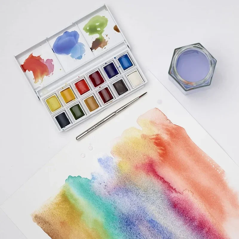 Winsor&Newton Cotman Portable Travel 12 Color Solid Watercolor Paint Sketchers' Half Pans Palette Watercolor Brush