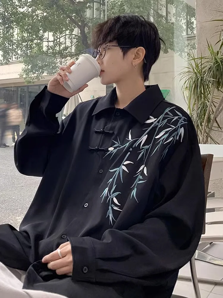 

New Chinese Sle Men's Bla irt Bamboo Le Embroidery mat Sle Long Sve Loose Fit Spring Faion Casual irt