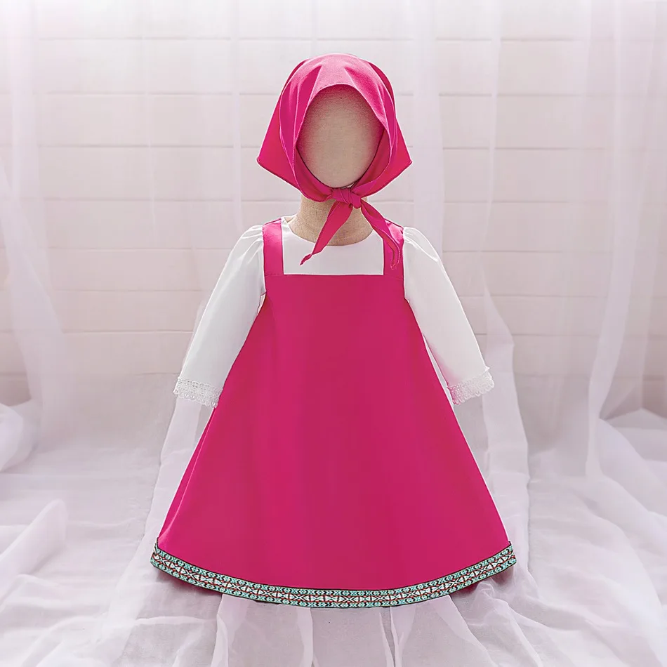 Bambino Del Fumetto di Halloween Masha Costume Cosplay Vestito per Le Ragazze Abiti Rosa Maglietta Sciarpa Della Testa Cosplay Del Fumetto Gonna Set ASQ03