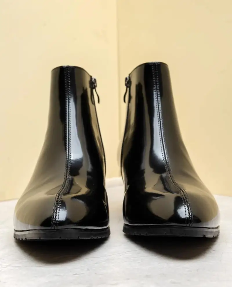 New Luxury Patent Leather Chelsea Ankle Boots Men 5cm Height Increase Fashion Concise Boots Mens Wedding Dress Pointed Toe Boots