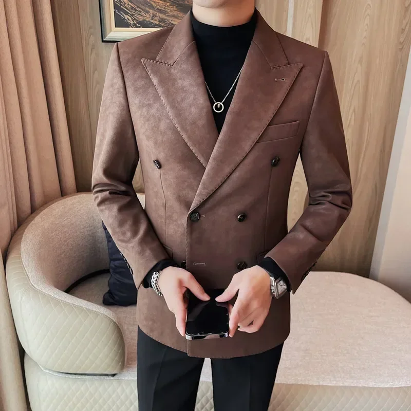 Retro High Quality Blazer Jackets Men Double Breasted Casual Business Suit Coats Formal Wedding Party Social Dress Blazers