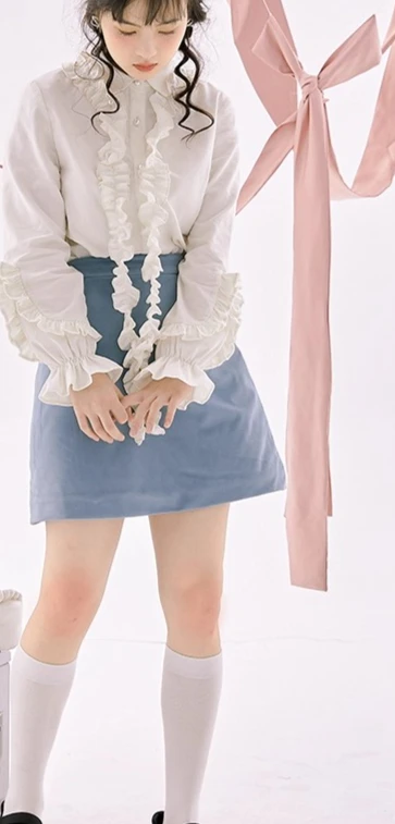 Lolita Corduroy Vintage Cute White Ruffles Cotton Long Sleeve Shirt Removable Lace Turn-down Collar Versatile Age Reducing Top