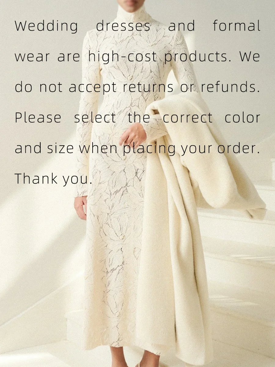 Classic High Collar Lace Full Sleeve Tea-Lenth Straight Bride Wedding Dresses Bridal Gowns Customized