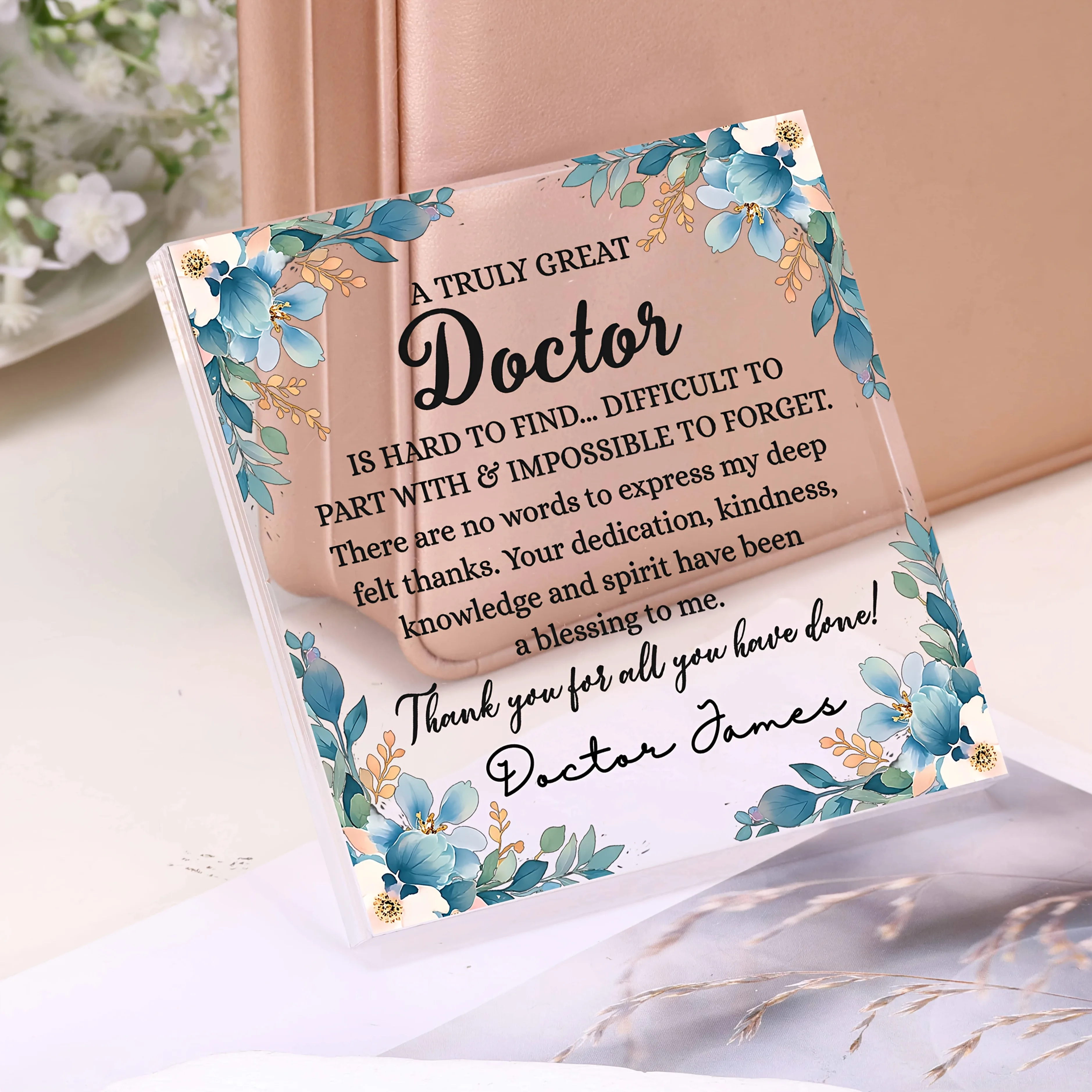 2D Flat Acrylic Block Custom Name, Message & Service Years, 3D Floral Doctor Nurse Appreciation Gift for Hospital Staff Medical