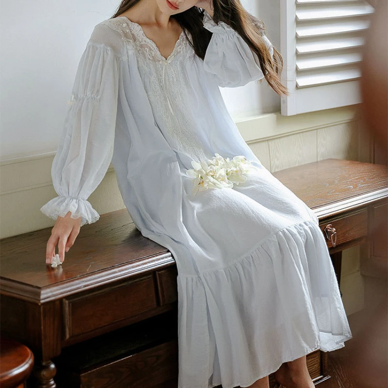 Pure Cotton Night Dress Women Spring Autumn Long Sleeve Lace Vintage Nightgown Victorian Nightdress Home Wear Princess Sleepwear