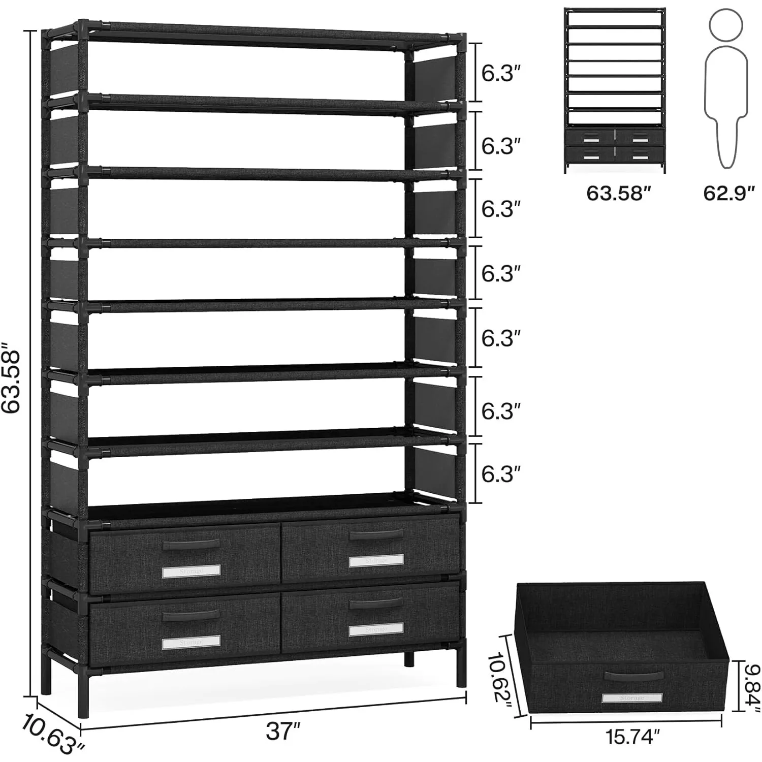 bookshelf with 4 Bins Drawers for Closet Entryway, Vertical Shoe Racks Free Standing wardrobes, clothes rack image 4