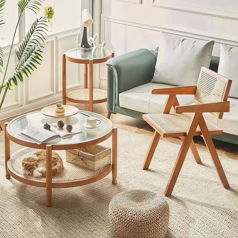 Nordic Living Room Tables Small Apartment Nordic Solid Wood Rattan Weaving 2-layer Round Simple Tempered Glass Coffee Table