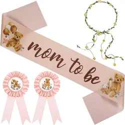 Bear Mom to Be Sash Baby Shower Dad to Be Pin and Flower Crown Headband for Gender Reveals Baby Shower Party Favors Decorations