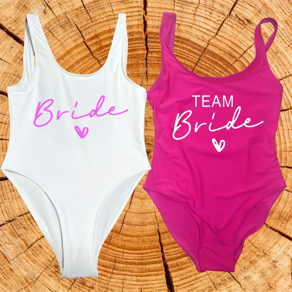 

Team Bride Pink Heart Print One-Piece Swimsuit Women Swimwear High Cut Low Back Sexy Bodysuit Bachelor Party Bathing Suit