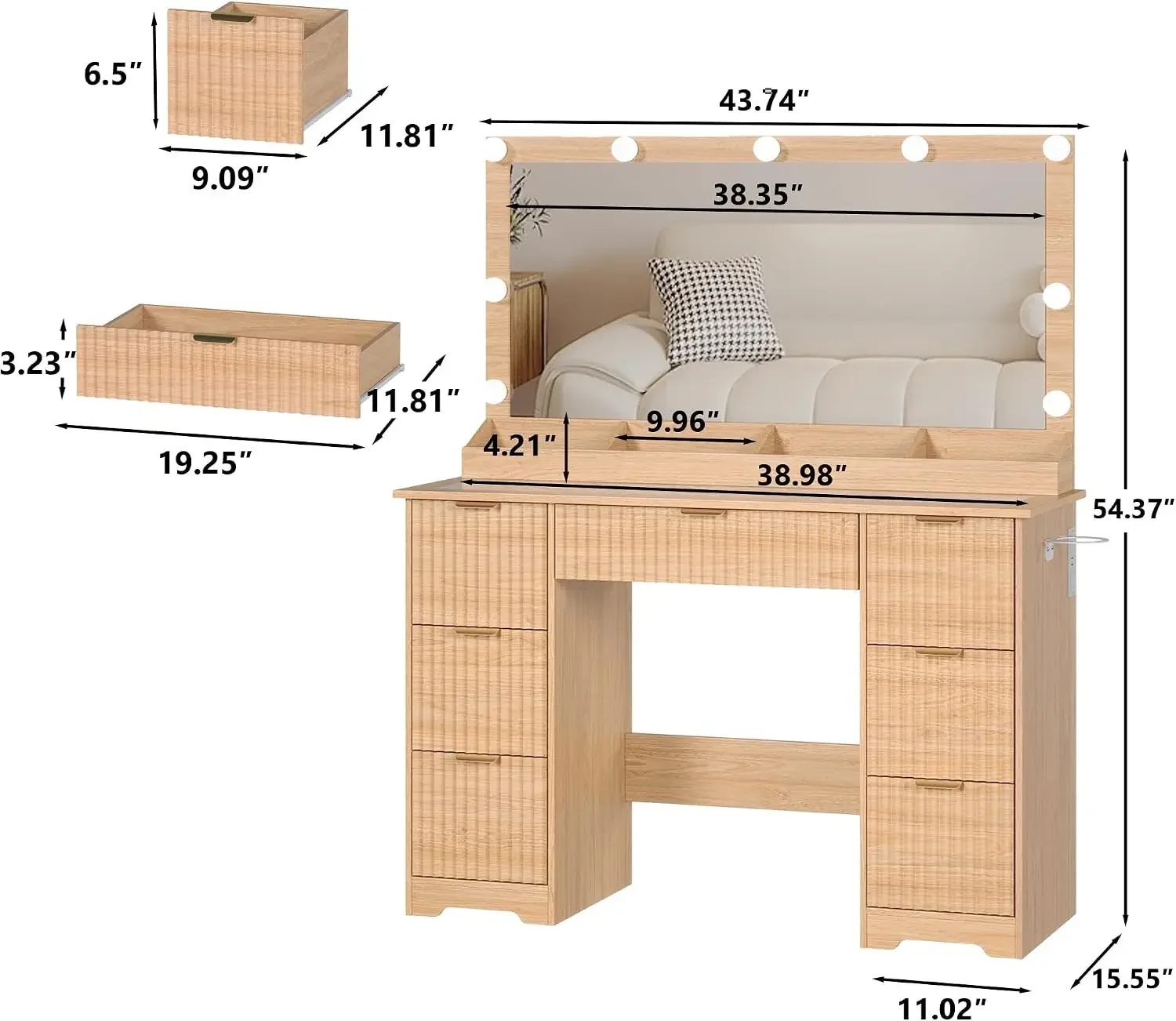 44 Inch Vanity Desk Glass Top Oak Mirror With Led Lights 7 Drawers Power Outlet
