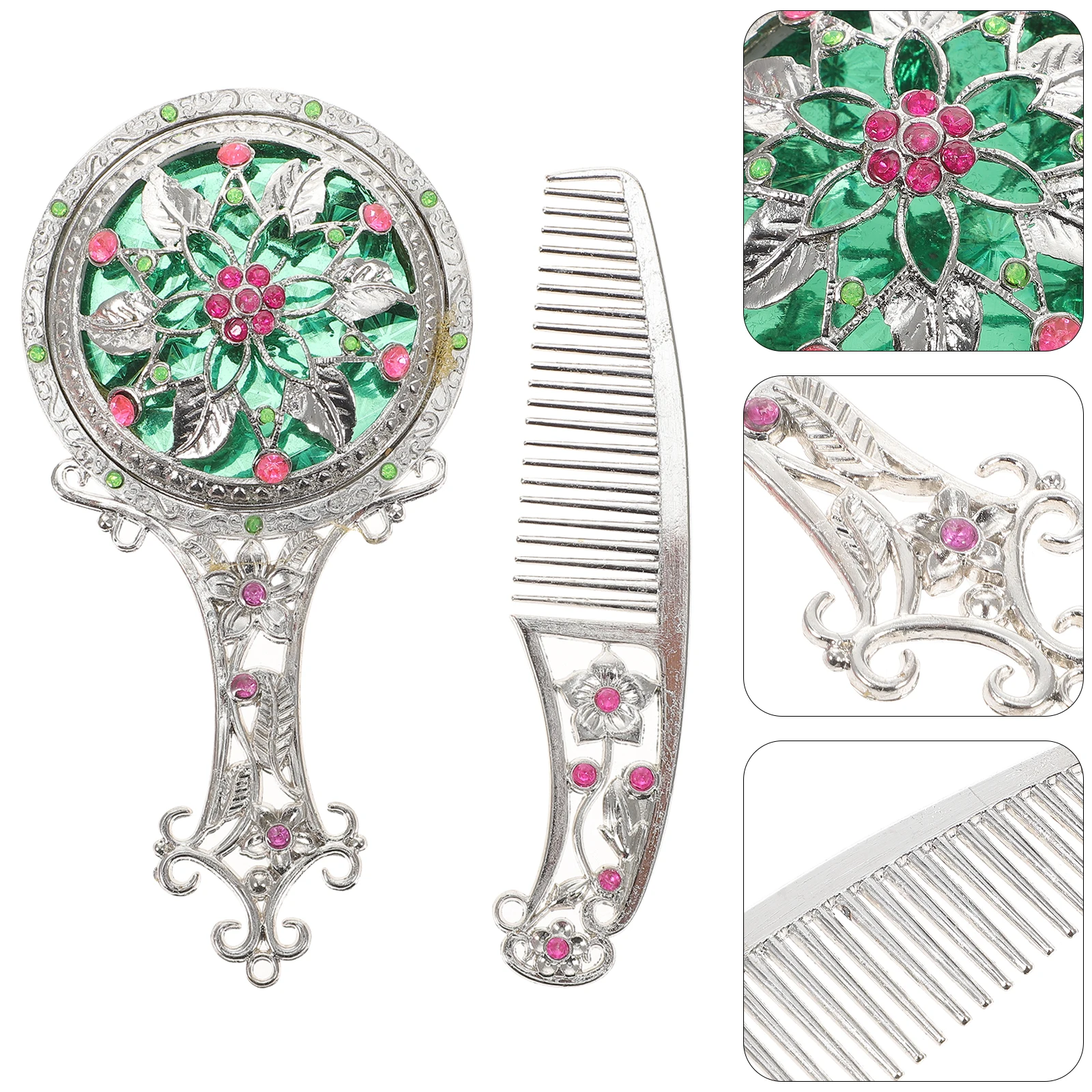 

Retro Floral Comb Set Compact Makeup Mirror Cute Accessories Vanity Silver with Brush Portable Woman