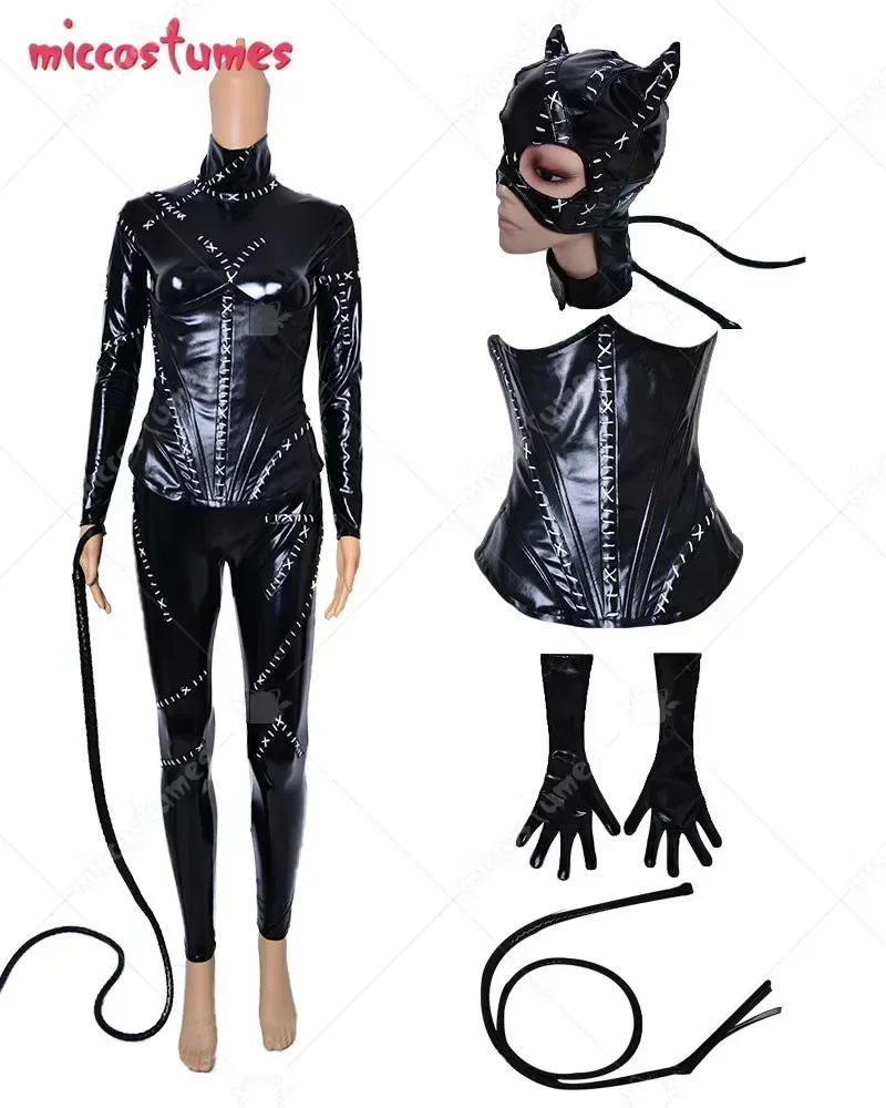 Micfigurinos-Traje de Cosplay Fullbody Cat Delux para mulheres, macacão preto, chicote, zíper, remendo, Halloween