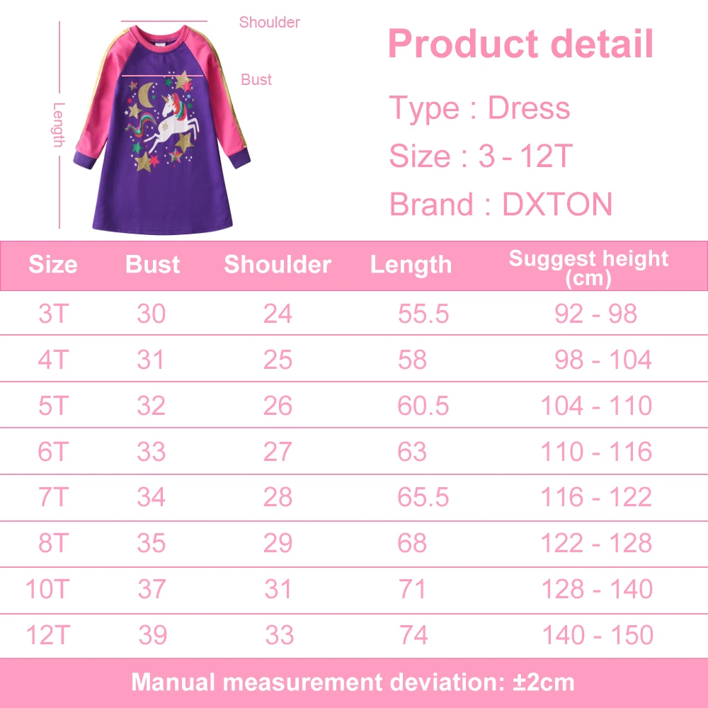 DXTON Girls Autumn Spring Dress Long Sleeve Kids Casual Dresses Unicorn Star Printed Kids Straight Dress Cotton Children Clothes