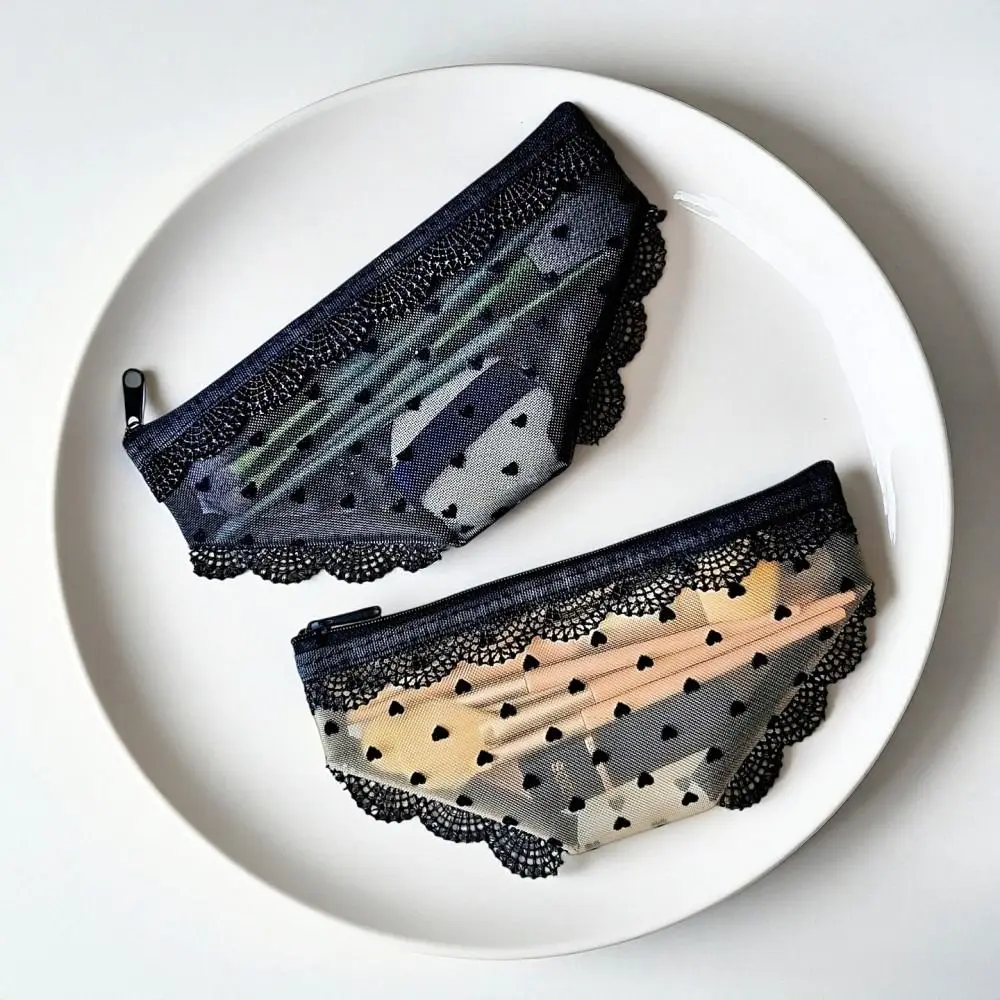 New Briefs Shape Cosmetic Bag Mesh Transparent Makeup Storage Pouch Lace Heart Y2K Toiletry Bag Storage for Travel