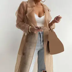 Women Fashion See Through Outdoor Tops Lace Up Spring Solid Sheer Mesh Long Sleeve Buttoned Coat With Belt Elegant Shirts 2022