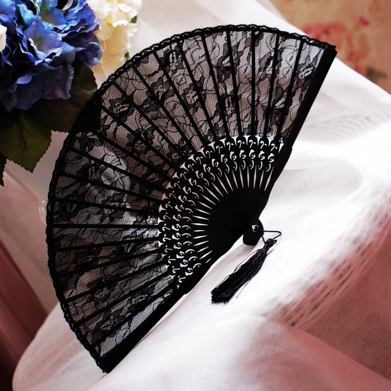 

Arrival Women's Folding Chinese Style Decorative Fan with Black Lace Great Match for Cheongsam Dance Performance and Decoration