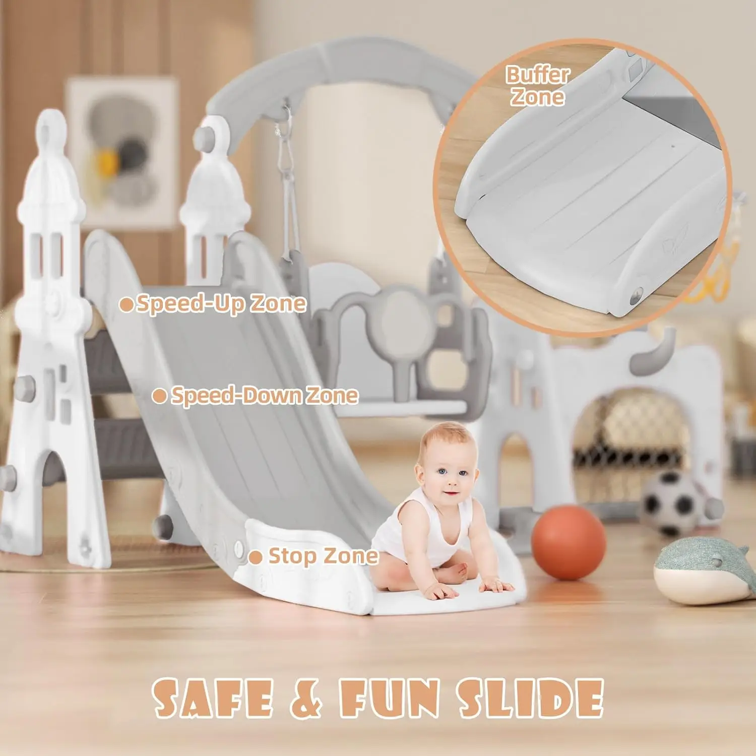 Ensemble de balançoire et toboggan pour tout-petits avec ceinture de sécurité, grimpeur en 3 étapes – Aire de jeux intérieure/extérieure pour enfants de 1 à 3 ans (gris blanc)