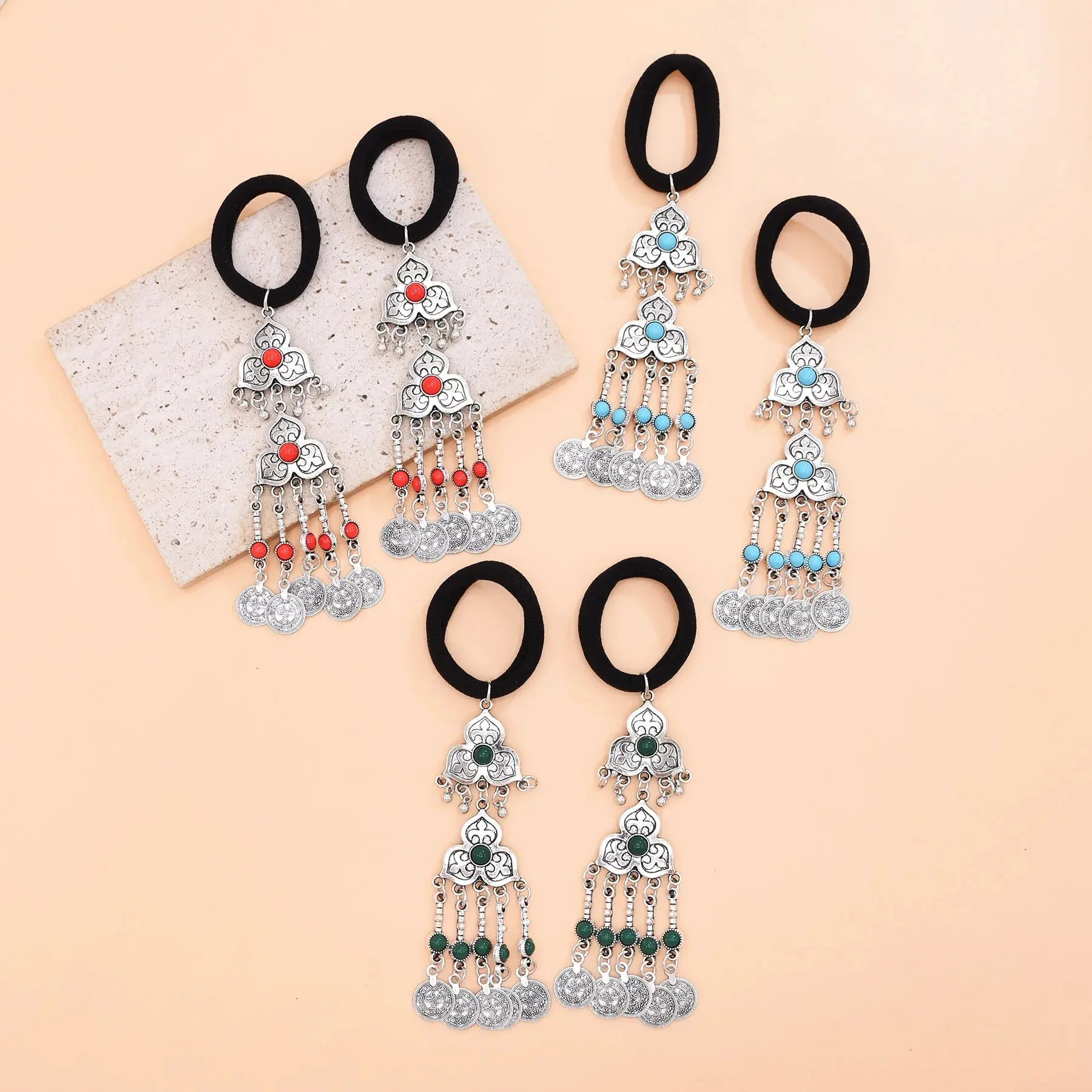 Traditional Kazakh Tibetan Ethnic Coins Hiar Rope Vintage Triangular Pendant Women's Pigtail Headband Hair Accessories Jewelry
