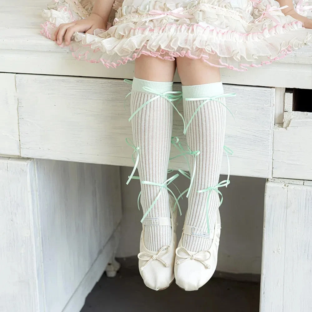 

Solid Color Balletcore Socks Ribbon Bow Autumn&Winter Mid-Tube Hosiery Cloth Accessories Korean Style Thin Stockings Kid