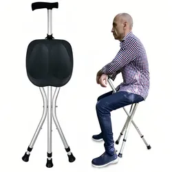 Portable Walking Stick with Seat Adjustable Lightweight Folding Cane Stool Elderly Outdoor Hiking Crutch Chair
