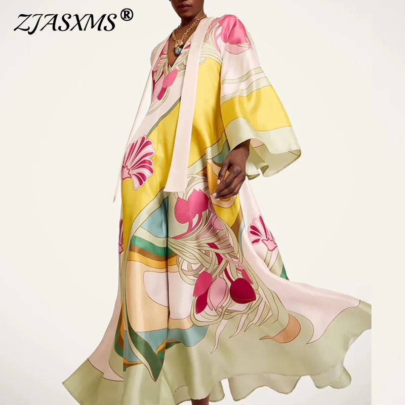 Elegantes Mehrfarbiges Blumen-Satinkleid für Damen mit Stehkragen und Glockenärmeln, Locker Geschnittenes Maxikleid für Resort, Hochzeit, Abendveranstaltungen