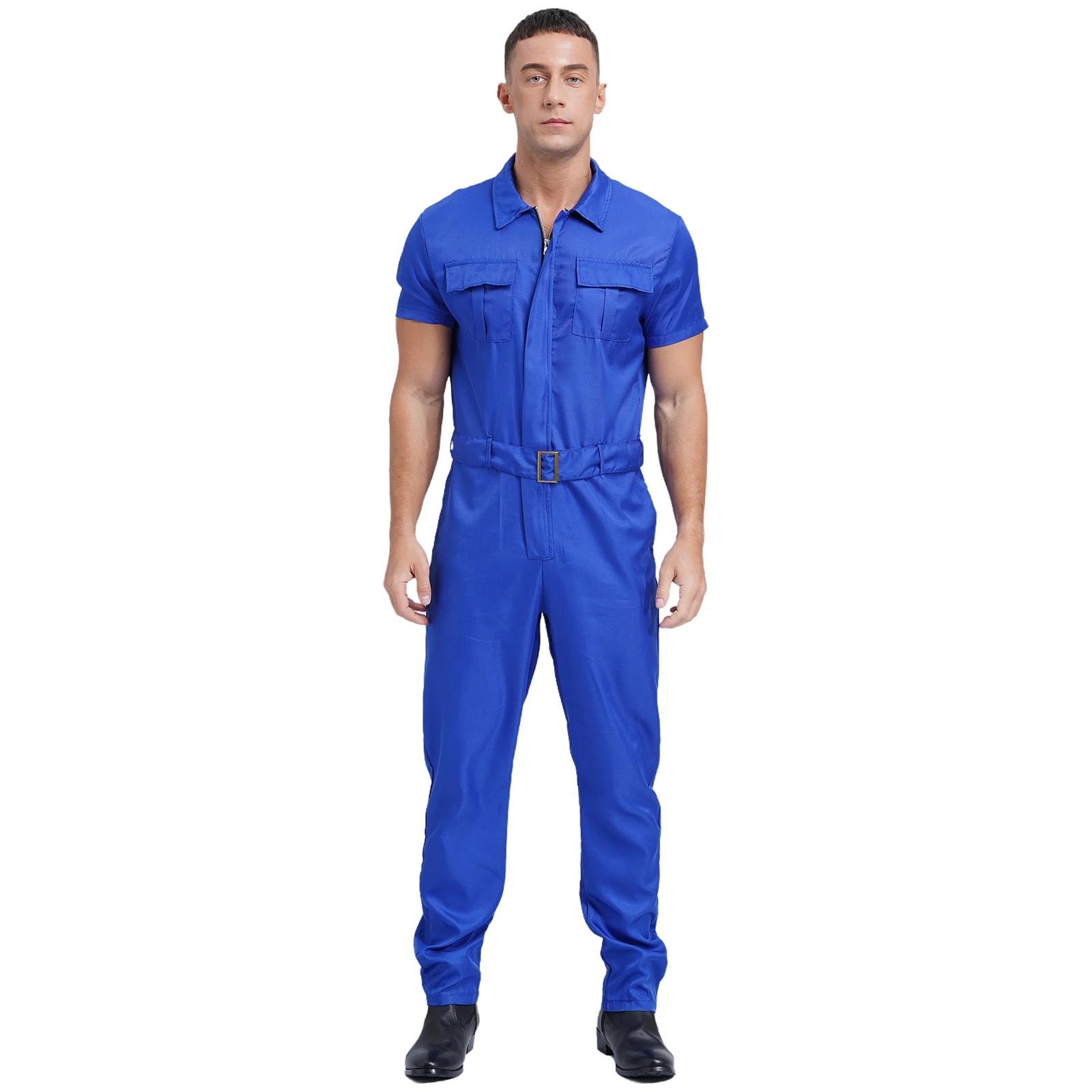 Mens Summer Work Wear Resistant Coverall with Belt Short Sleeve Front Zipper Multiple Pockets Overalls Jumpsuit Dungarees