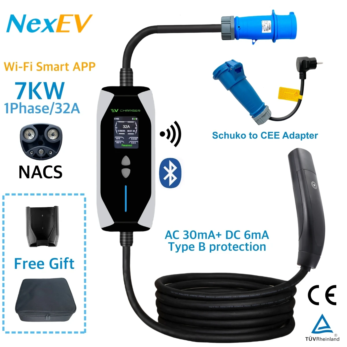 NexEV 7KW NACS Portable EV Charger EVSE 1Phase 32A 5M Tesla Cable Wifi Bluetooth App Control for Model X/Y/3/S Cybertruck