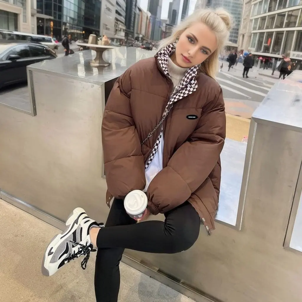 

Women's Thickened Cotton-Padded Jacket Checkboard Collar BF Style Winter Fashion Loose Fit Sense Casual Cotton Clothing