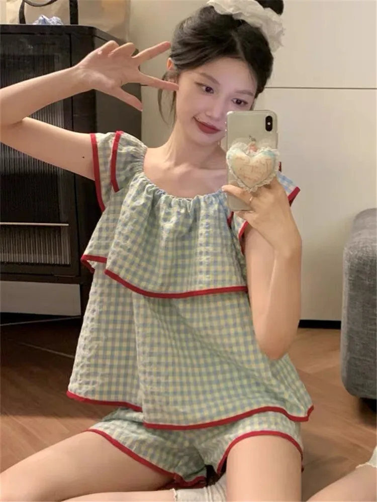 

Korean Style Plaid Sleepwear Women Summer Cute Sweet Lace Trim Fly Sleeve Nightgown Tank Top Shorts Home Clothes Set