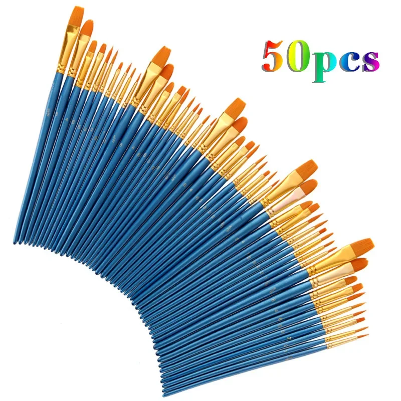 

50Pcs Detail Paint Brush Set Professional Synthetic Short Handle Art Supplies Watercolor Oil Paint Set