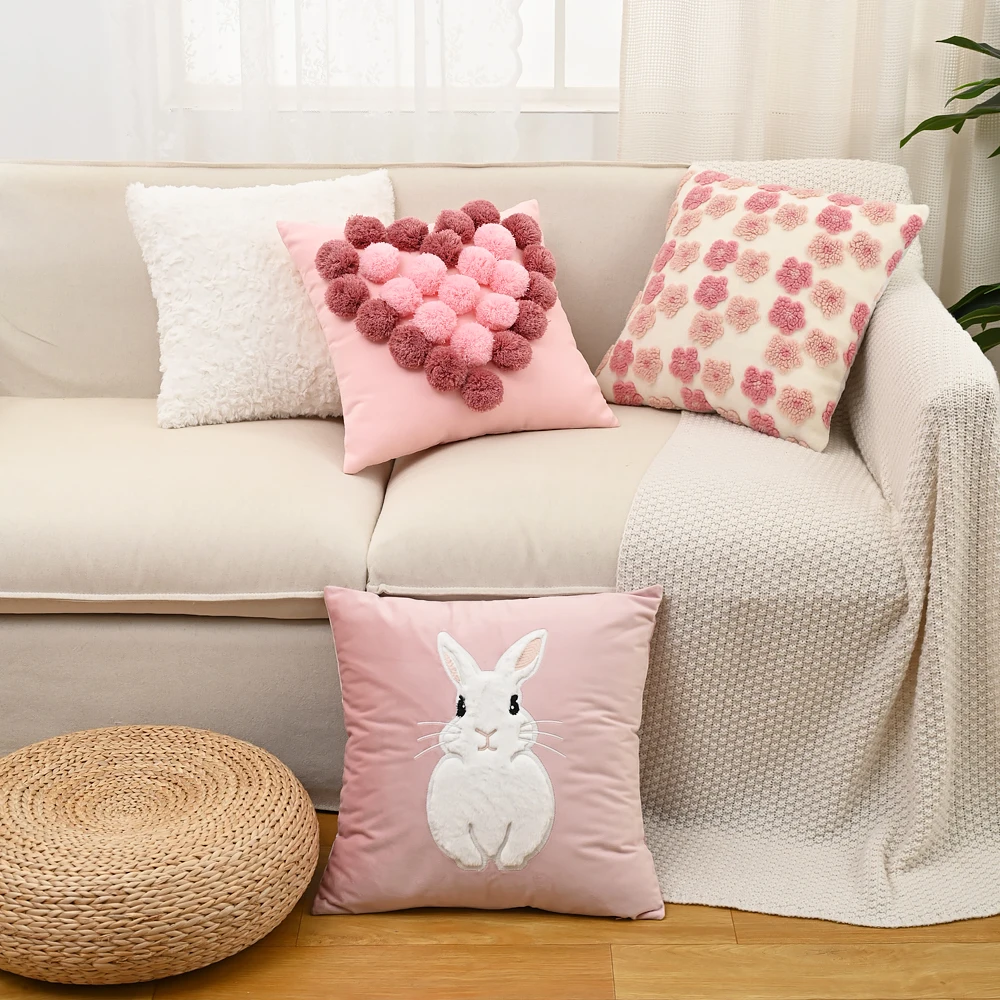 BUYNOW Embroidered Rabbit Pillowcase Velvet Plush Cuddly Pillow Case Sofa Upholstery Cushion Comfortable Decorative Pillowcase