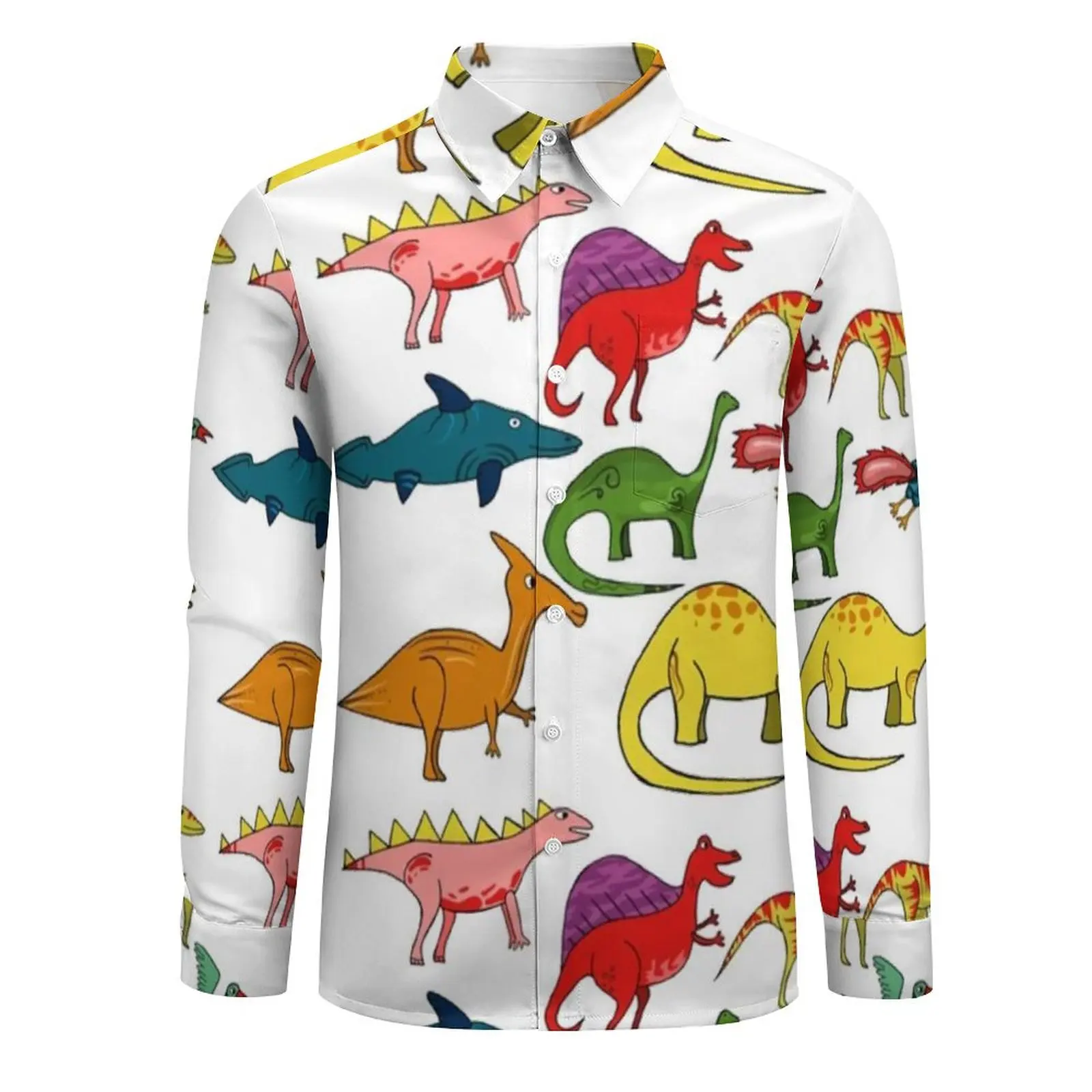 Cartoon Dinosaurs Casual Shirt Men Dinosaur Pattern Collection Stylish Shirt Autumn Novelty Blouse Long Sleeve Oversized Clothes