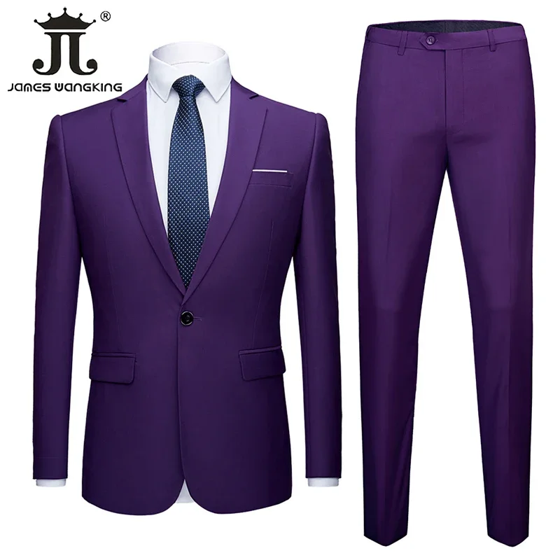 15 Colors M-6XL (Jacket + Pants) Work Clothes Mens Formal Business Office Suit Solid Color Groom\'s Wedding Dress Blazer Trousers